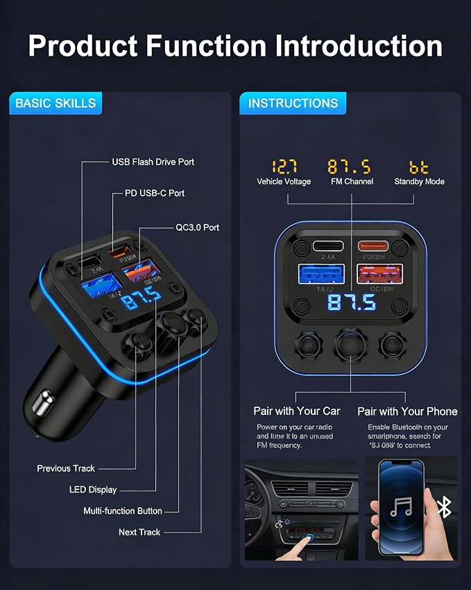 Bluetooth Fm Transmitter for Car, Fast Charging, Blue Tooth 5.4 Car Charger | USB-C USB-A Multi Ports, Wireless Radio Aux Cigarette Lighter Adapter Auxiliary for Samsung Galaxy Android iPhone Apple