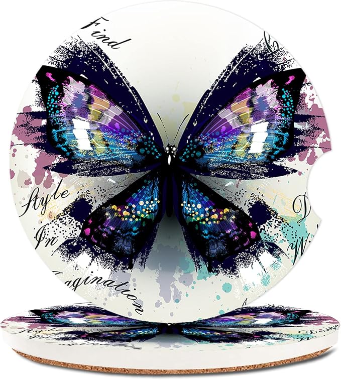 2 Pack Absorbent Car Coasters for Cup Holders,Ceramic Coasters with Cork Back and Finger Slot,Fashion Cupholder Accessories to Keep Your Car Cup Holders Clean and Dry 2.56"(Watercolor Butterfly)