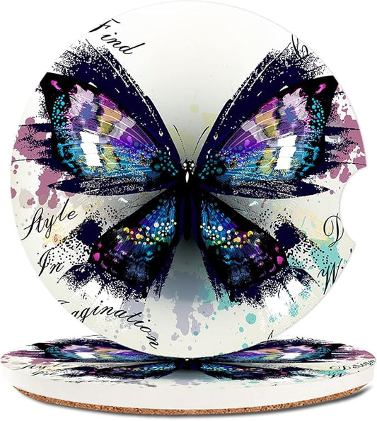 2 Pack Absorbent Car Coasters for Cup Holders,Ceramic Coasters with Cork Back and Finger Slot,Fashion Cupholder Accessories to Keep Your Car Cup Holders Clean and Dry 2.56"(Watercolor Butterfly)