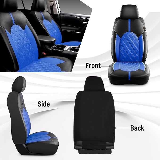 CAROMOP Luxury PU Leather Car Seat Covers Front Set, Anti-Stain Waterproof Automotive Seat Covers for Cars, Universal Car Interior Covers Seat Protectors for SUVs Pick-up Trucks(Royal Blue)