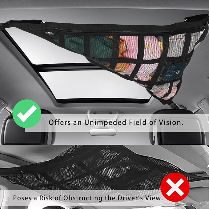 Car Ceiling Cargo Net for SUV & Van, Black, 1 Count | Overhead Storage Organizer, 3 Handles, Dual Layer Roof Rack, Fits Ford F150/Jeep/CRV/RAV4, Camping & Road Trip Gear