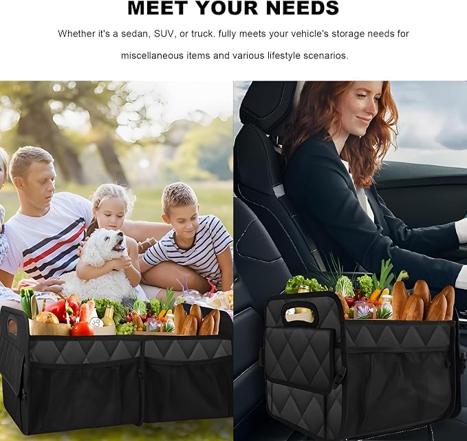 Sun Walker Car Trunk Organizer, Collapsible Auto Storage Box Cargo Organizer with Reinforced Handle, Multi-Pocket Waterproof Oxford Container for Sedan Truck SUV, Car Accessories