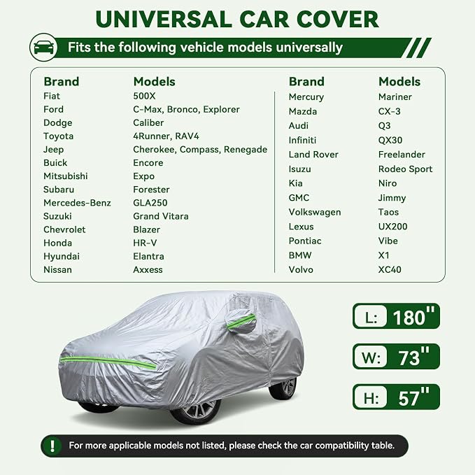 AUQDD 6-Layers Premium SUV Car Cover Waterproof All Weather Weatherproof UV Sun Protection Snow Dust Storm Resistant Outdoor Exterior Custom Form-Fit Full Padded Car Cover with Straps 165"-179" K6