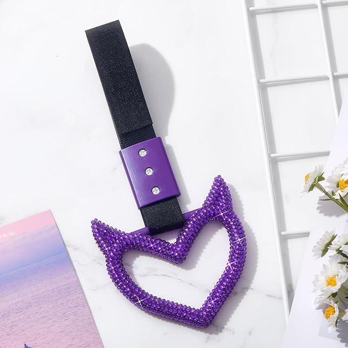 Fabbay Bling Car Accessories Bling Heart Handle Ring Car Accessory for Women Heart Hand Strap Drift Charm Rear Bumper Warning Ring Decor for auto Bus Interior Exterior Decoration(Purple,Devil Style)