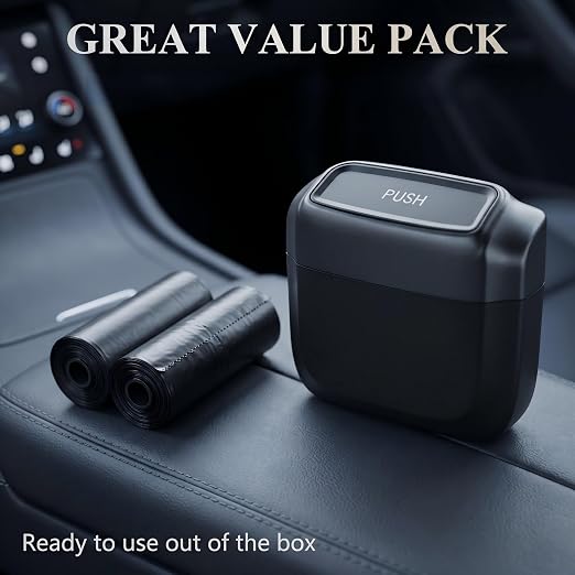Car Trash Can with Lid, Mini Portable Hanging Clutter Canister with Trash Bags, Waterproof Leakproof Push-Button Storage Bucket, Universal Interior Accessories for Cars Trucks SUVs (Black)