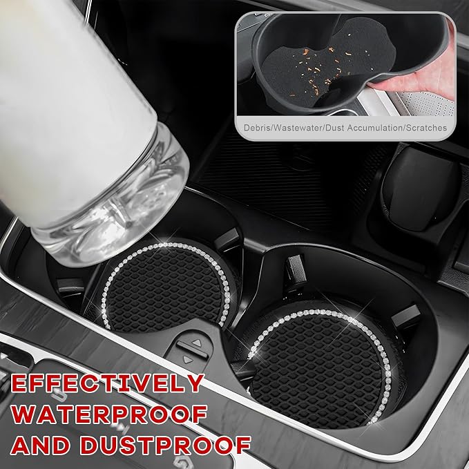 2PCS Bling Car Cup Coaster, 2.69 Inch Anti-Slip Auto Cup Holder Drink Mat w/Crystal Rhinestones, Universal Shiny Diamond Vehicle Insert Coasters Cups Mats for Women (Black & White)