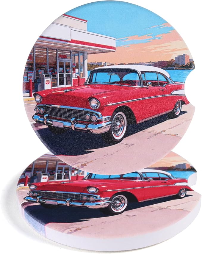 2 Pack Car Coasters for Cup Holders, Absorbent Ceramic Stone Cup Coaster with Non-Slip Cork Base&Finger Notch, Vintage Classic Red Car Gas Station Auto Interior Accessories, Universal 2.59 in