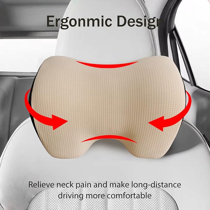 Make Restful Car Headrest Pillow, Car Pillow with Adjustable Strap, Beige | Breathable Removable Cover & Ergonomic Neck Support Cushion, Memory Foam Car Neck Pillow for Driving Fits Most Types of Seats