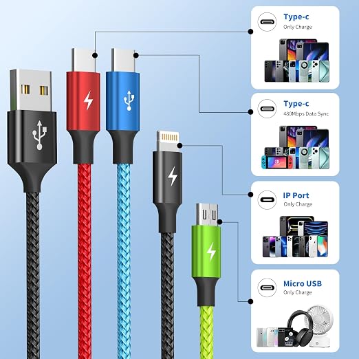 4 in 1 Multi Charging Cable, 3 Pack 5FT Charging Cords for Multiple Devices | USB C Car Charger Cable, Nylon Braided Phone Charger for Multiple Devices, Cruise Essentials 2026 Travel & Car Use