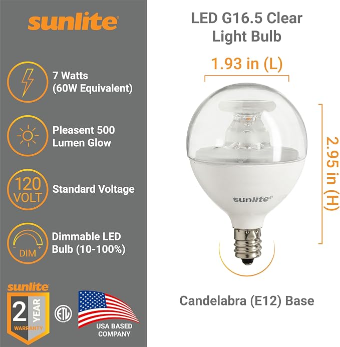 Sunlite G16.5 Light Bulb LED, 7 Watts (60W Equiv.), 500 Lumens, Dimmable, Type G Globe Shape E12 Candelabra Base, Short Bulbs, Vanity Mirror Bulbs, 3000K Warm White, Clear, 6 Count