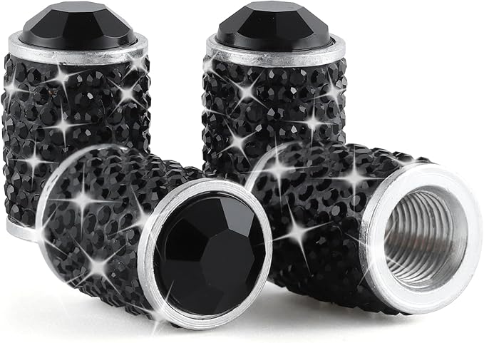 Alpmosn Car Wheel Tire Valve Caps, 4 PCS Bling Tire Valve Caps, Crystal Tire Caps Shinny Rhinestone for Women, Universal Car Dustproof Tire Valve Caps for Cars, Trucks, SUV and Motorcycles (Black)