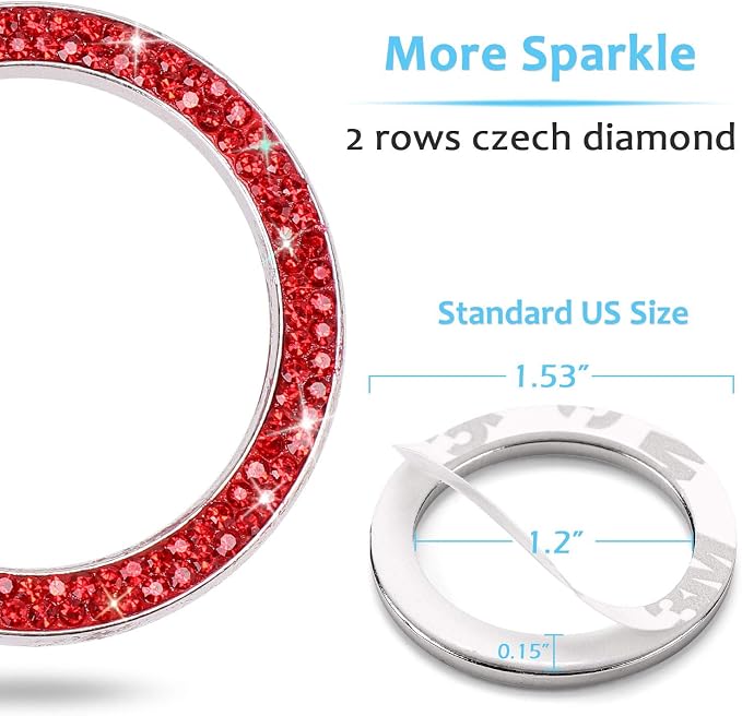 ToBeQueen Push Start Button Bling Rings Auto Car Engine Start Stop Button Sticker Emblem,Rhinestone Bling Red Car Accessories Decor for Women 2 Pcs,Red