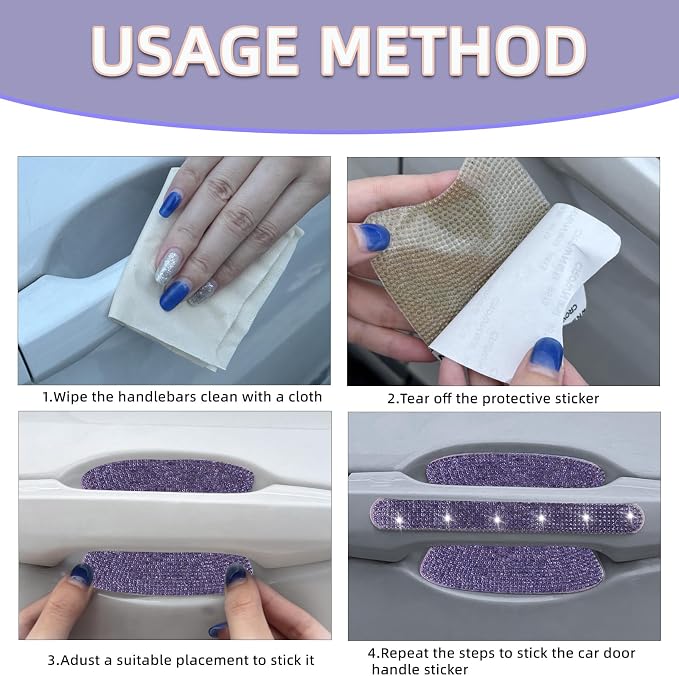 NBTEPEM 10 Pcs Bling Rhinestone Car Door Handle Stickers, Universal Crystal Diamond Glitter Door Handle Protector Decals, Scratch‑Resistant Bling Car Accessories for Women (Purple)