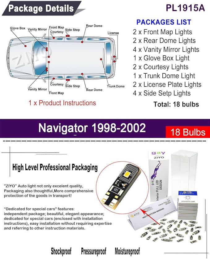 PL1915A LED Interior Light kit Replacement for Lincoln Navigator 1998-2002, 6000K White Dome Lights Accessories Package + License Plate Light Bulbs Upgrade (18 Bulbs)