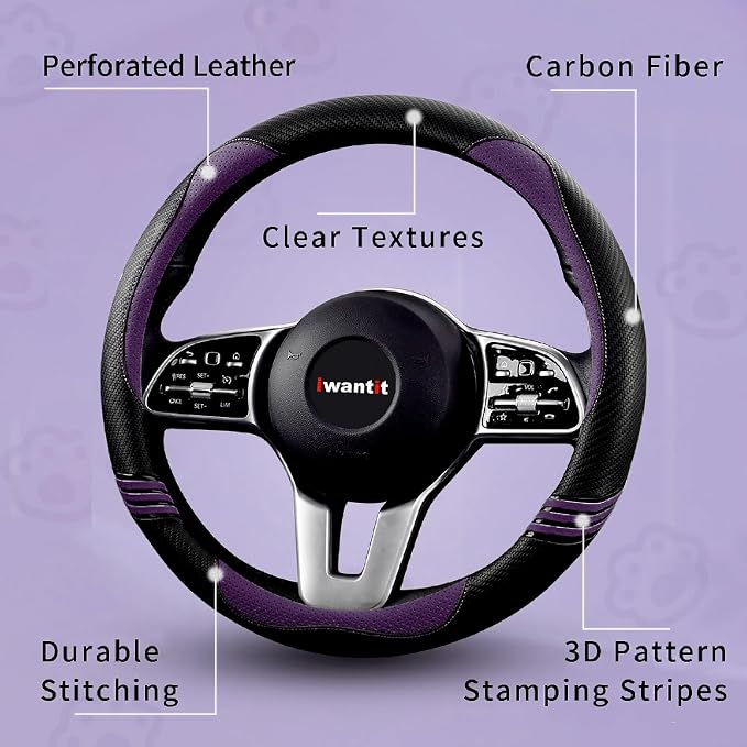Iwantit® Steering Wheel Covers with Leather and Anti-Slip Rubber Ring, Universal Fit 14.5-15 inches for Cars,SUV (Purple/Black)