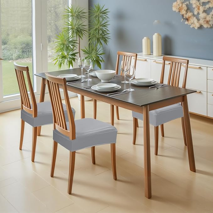 Waterproof Dining Chair Seat Covers Leather Kitchen Seat Covers, Stain Resistant Stretch Chair Seat Covers for Dining Room Chairs Set of 4, Rear Covered Washable Dining Chair Covers Gray