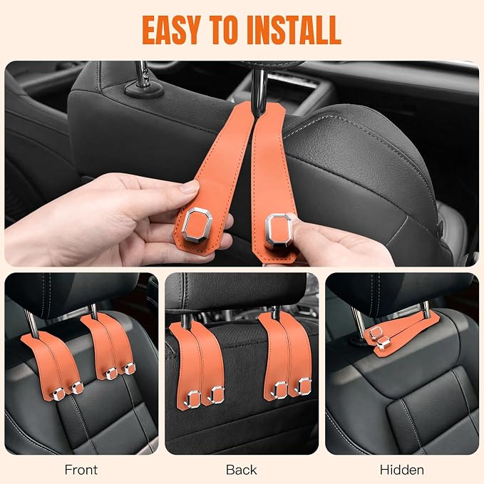 2PCS Car Hooks for Headrest, Faux Leather Purse Hook for Car Seat Back Organizers and Storage, Double Metal Purse Holder Bag Hanger, Universal Car Interior Accessories for Women Man