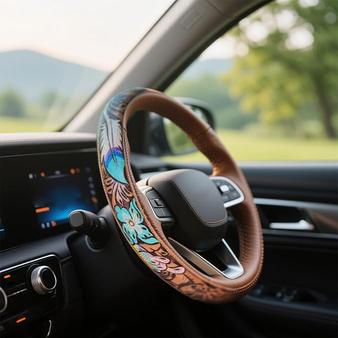 Western Cowboy Steering Wheel Cover - Retro Tooled Leather, Embossed Hand-Painted Design, Universal 15 Inch Anti-Slip Cover for SUV, Truck, Car, Breathable All-Weather, Easy to Install (Style-C)