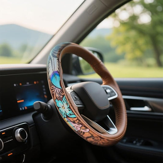 Western Cowboy Steering Wheel Cover - Retro Tooled Leather, Embossed Hand-Painted Design, Universal 15 Inch Anti-Slip Cover for SUV, Truck, Car, Breathable All-Weather, Easy to Install (Style-C)