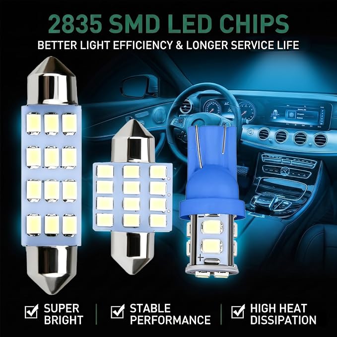 24 PCS LED Car Interior Bulb Kit, Dome Light Fits 194 T10 DE3175 578 31mm 42mm Size Replacement for Map License Plate Door Side Marker Cornering Trunk Lights (Ice Blue)