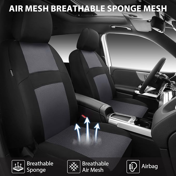 CAR PASS Air Mesh Car Seat Covers Front Seats Only, Universal Seat Covers for Car Fit SUV,Vans,Sedan,Trucks, Breathable Automotive Interior Seat Covers Airbag Compatible (Black Charcoal Gray)