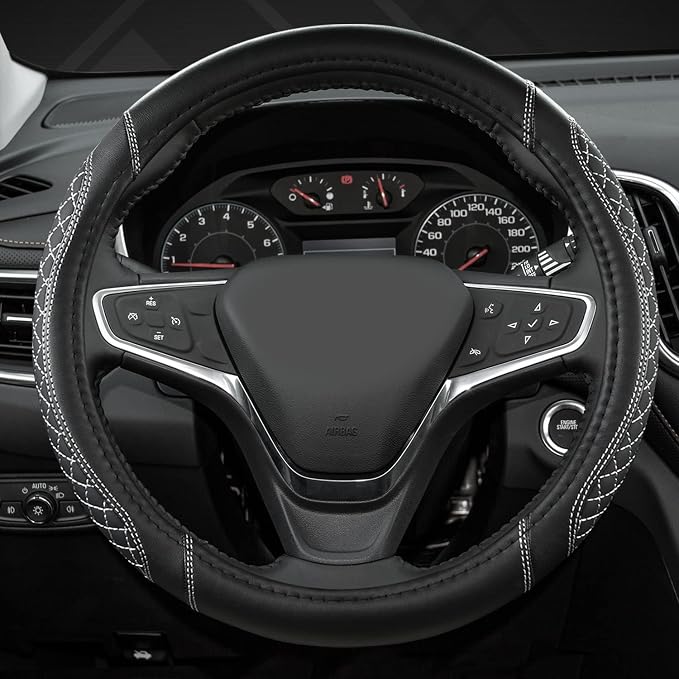 West Llama Customized Auto Car Steering Wheel Cover for Chevy Silverado,Tahoe,Equinox,Traverse,Trailblazer,Colorado(Diamond Quilted-Black+Gray-Standard Size)