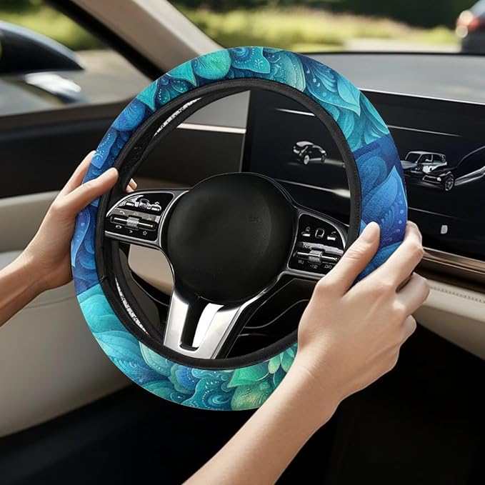 AFPANQZ Green Bohemian Flower Steering Wheel Protection for Automotive Steering Wheel Covers, Sweat Absorption Comfort Grip for Driver Women Men