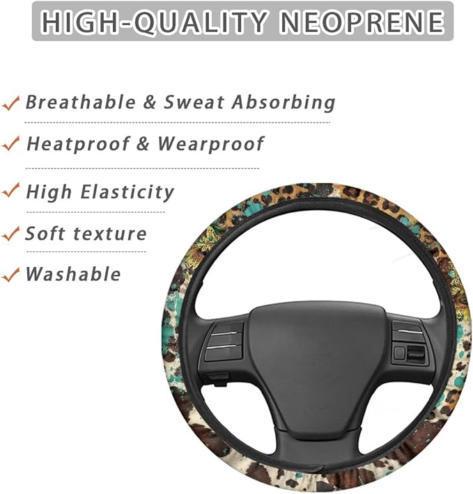AFPANQZ Universal Steering Wheel Cover with Elastic Edge for Women 14-15 in | Leopard Print Sunflower, Breathable Steering Wheel Protector for Cars Interior Accessories