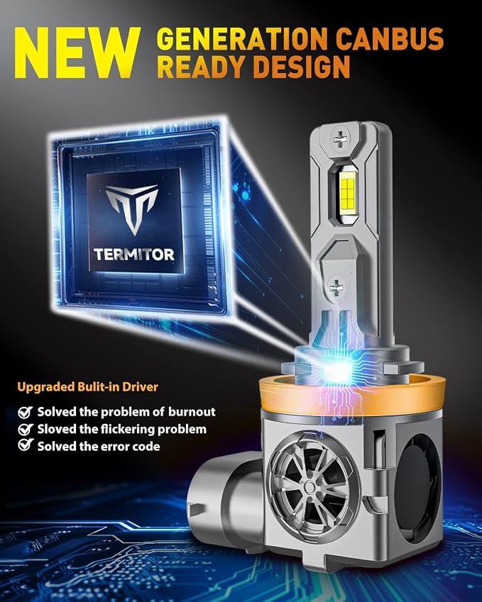 Termitor Upgraded H11 9005 Light Bulbs Combo, 100,000LM Super Bright H9 H8 Bulbs, 85000+Hrs Long Life, 1:1 Halogen Fit Plug-N-Play H9 H8 HB3 Off Road Lights, 6500K White, Pack of 4