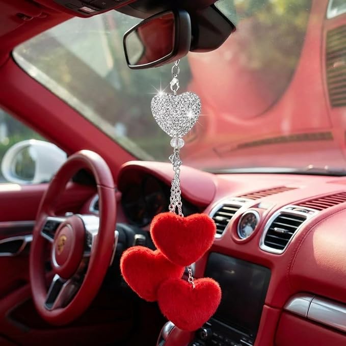 Frienda Red Car Rear View Mirror Accessories for Women Bling Heart Shaped Rhinestone Hanging Charm Sparkly Rear Mirror Ornament Pendant Gift for Girlfriend Wife Female Drivers Car Interior Decoration