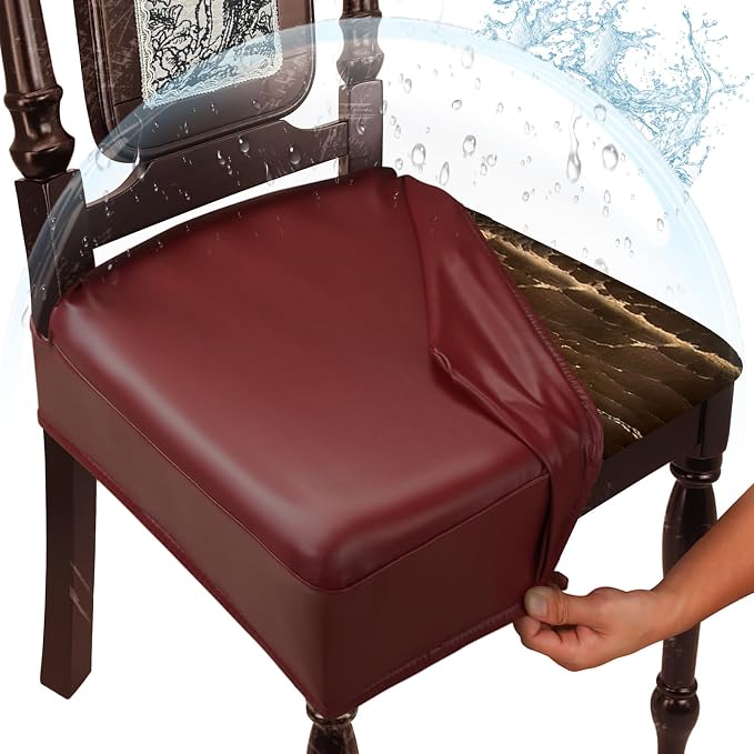 Waterproof Dining Chair Seat Covers Leather Kitchen Seat Covers, Stain Resistant Stretch Chair Seat Covers for Dining Room Chairs Set of 6, Rear Covered Washable Dining Chair Covers Wine Red
