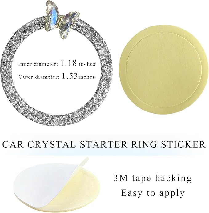 DXNQ 2PCS Bling Ring Emblem, Sparkling Butterfly Car Buttons and Knobs Ring, Girly Butterfly Diamond Car Engine Start Button Cover, Key Ignition Knob Rings Decoration for Women (White, Double Row)