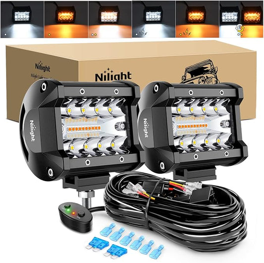 Nilight Amber White LED Pod Lights 4 Inch 6 Modes with Memory Function,Constant / Flash Off Road Driving Lights with Wiring Harness, Spot Flood Combo Beam Auxiliary Lights for Truck Jeep SUV ATV UTV