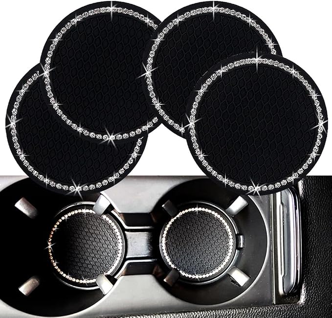 Bling Car Cup Coaster, 2.75 Inch Anti Slip Shockproof Embedded Drink Mat, Dustproof Automotive Interior Accessories Mat, Universal for Vehicles, Trucks, RVs and More (Black 4 PCS)