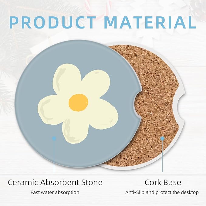 2 Pack Car Coasters for Cup Holders, 2.56" Universal Absorbent Ceramic Stone Car Cup Holder Coasters with Non-Slip Cork Base, Car Interior Accessories for Women Men(Blue White Flower)