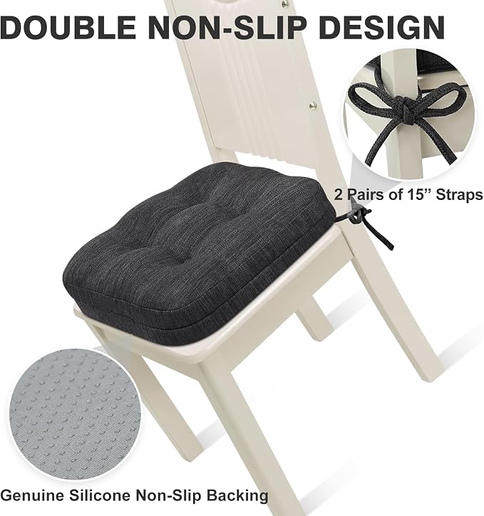 Shinnwa Dining Chair Cushions Set of 4, Dual-Layer Memory Foam Kitchen Chair Cushions, Patented Design Seat Pads with Ties, 16.5 x 16.5 x 3.5in, 4 Pack, Charcoal