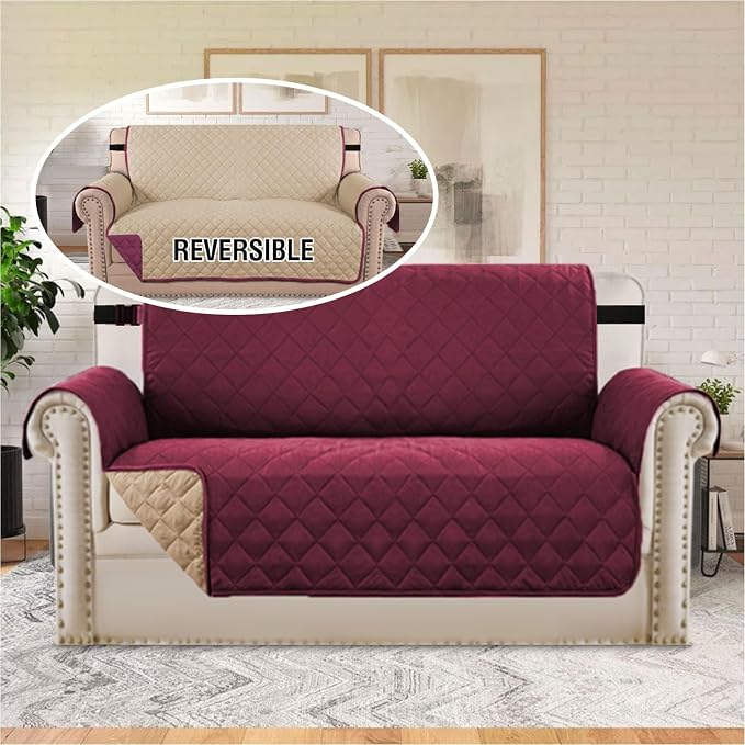 H.VERSAILTEX Reversible Loveseat Couch Cover for 2 Cushion Couch Loveseat Slipcover Loveseat Cover for Dogs Water Resistant Furniture Protector with Elastic Strap(Loveseat, Red/Tan)