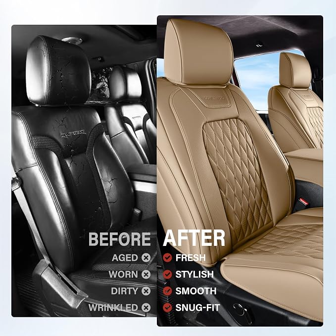 Coverado Premium Leather Truck Seat Covers Full Set – Custom Fit, Waterproof, Heavy Duty, Anti-Spill, Scratch Resistant Protector for Ford F150 2015-2026, F250-F450, Beige