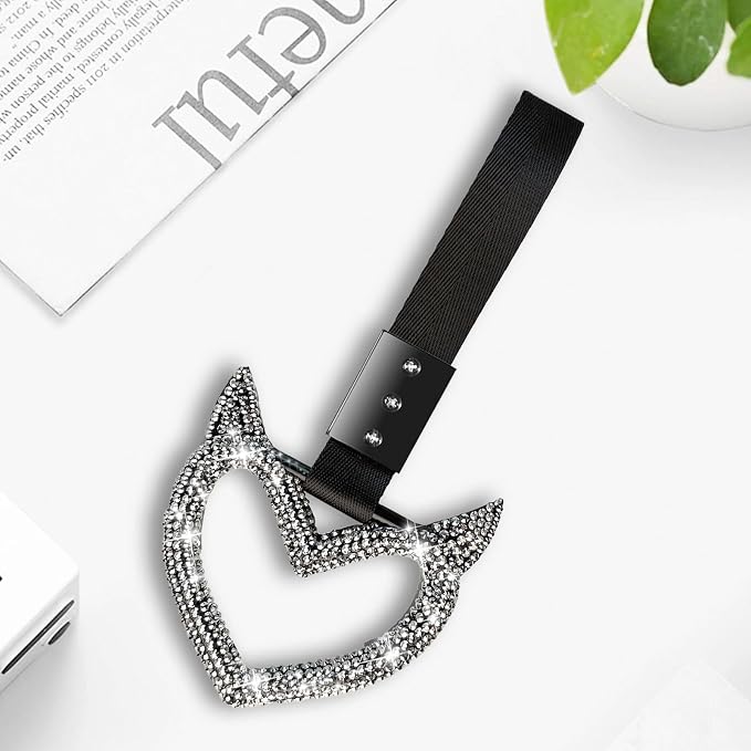 NBTEPEM Bling Heart Handle Keychains Bling Car Accessories for Women Hand Strap Drift Charm Rear Bumper Warning Ring Tsurikawa Heart Decor for Car Interior Exterior Decoration (Silver, Devil Style)
