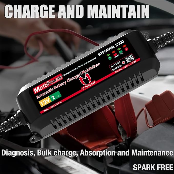 MOTOPOWER MP00207A 12V 2Amp Automatic Battery Charger Maintainer | For Lead-Acid & Lithium Batteries