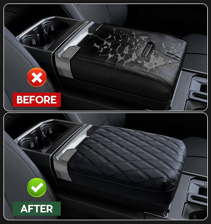 Sinvanho Center Console Cover for 2023 2024 2025 Ford F250 F350 F450 F550 Super Duty, PU Leather Armrest Box Cover, Truck Interior Accessories with Hidden Pockets (Fits Bucket Seat Console Only)