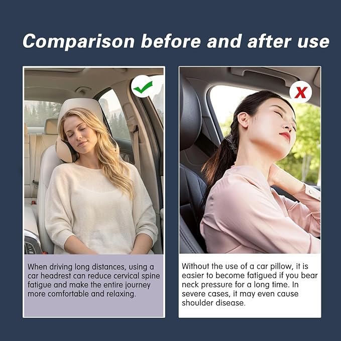 Unique U-Shaped Car Headrest Pillow, Headrest Pillow for Long Rrips, Beige | Adjustable Strap, Memory Foam & Removable Cover, Ergonomic Design Neck Support - Extreme Comfort Car Pillow for Pain Relief