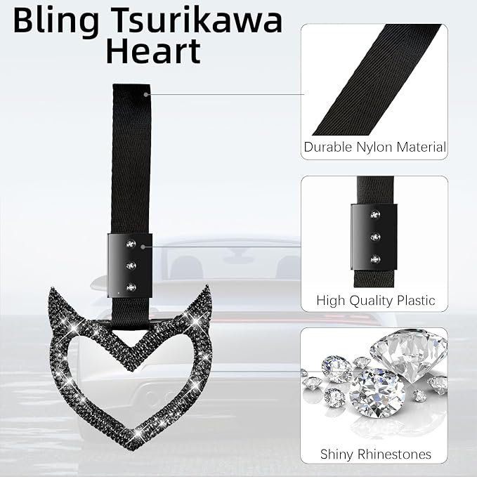 NBTEPEM Bling Heart Handle Keychains Bling Car Accessories for Women Hand Strap Drift Charm Rear Bumper Warning Ring Tsurikawa Heart Decor for Car Interior Exterior Decoration (Black, Devil Style)