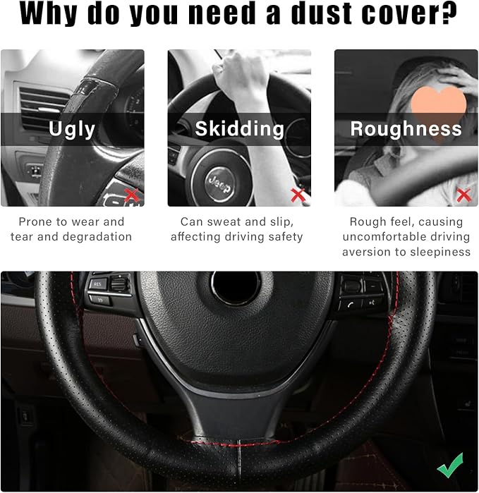 Augeny Genuine Leather Steering Wheel Cover, Breathable Anti-Slip Car Steering Wheel Protector Stitch on Wrap for Max Diameter 15 Inch, DIY Sewing with Needle Thread (Full Hole, Black)