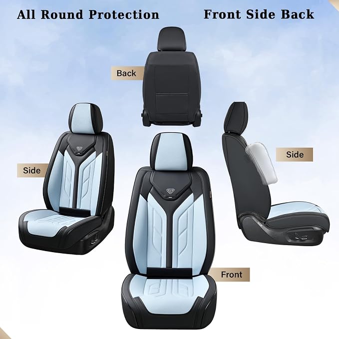 Coverado Car Seat Covers Full Set, Automotive Seat Covers Car Seat Protector Car Seat Cushion, Waterproof Leather Seat Covers for Cars, Universal Fit for Most Sedan SUV Pick-up Truck(Black&Light Blue)