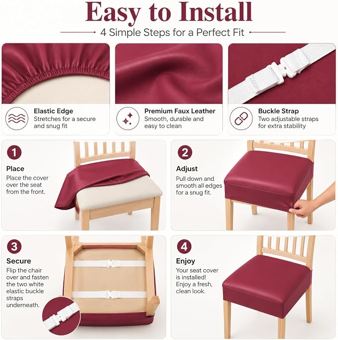 NILUOH Waterproof Seat Covers for Dining Room Chairs Set of 2, Pu Leather Chair Seat Slipcovers Dining Chair Cover Removable Washable Chair Protctor Cover, Rear Covers (PU-Red Wine)
