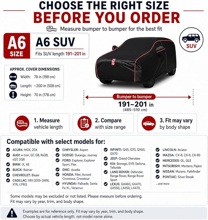 SUV Car Cover Waterproof All Weather, 8-Point Fastening, Fits 191-200 in | 8-Point Fastening, 120s Quick Setup, 600D Oxford Fabric, All-Weather Protection