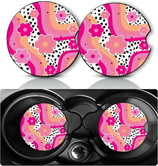 2 Pack Groovy Flower Car Cup Holder Coasters Neoprene Anti Slip Rubber Mat | Boho Flowers Car Accessories Interior Decor 2.75" Universal Size Insert Auto Coasters Flower Gifts for Women