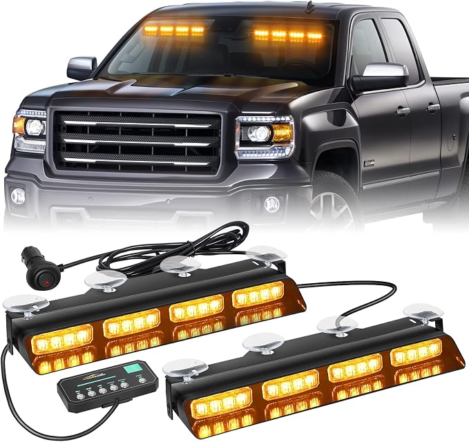 XRIDONSEN 2x 14 inch Amber Strobe Lights 32 LED Emergency Dash Lights | Interior Safety Warning Hazard Caution Front/Rear Windshield Light Bar w/ Controller for Construction Vehicles Trucks Car