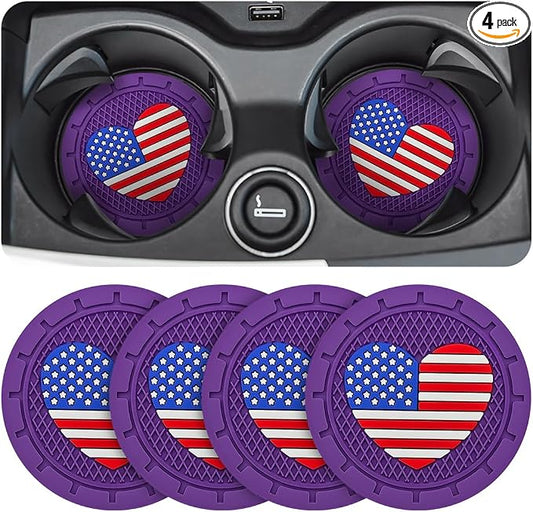 AUCELI 4 Pack Car Cup Holder Coasters, Colored American Flag US Flag Insert Car Cup Coaster, 2.75 Inch Anti Slip Shockproof Embedded Drink Mat, Vehicle Interior Decor Accessories